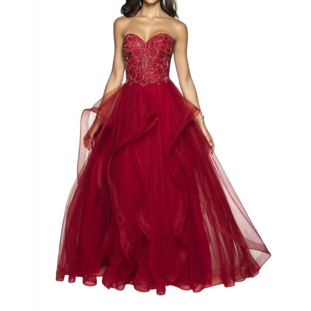 NEW BLUSH PROM hand beaded tulle strapless ruffled gown in carmine red